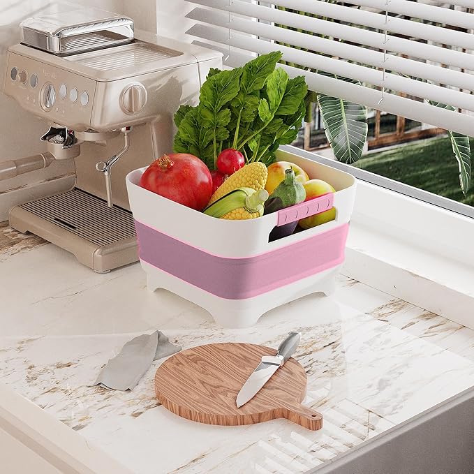 2.4 Gal Collapsbile Wash Basin with Drian Plug,9L Dish Pan for Soaking Baby Bottles,Portable Sink, Multiuse Foldable Bucket,Ice Beverage Tubs for Camping, Vegetable Washing, RV (Pink)