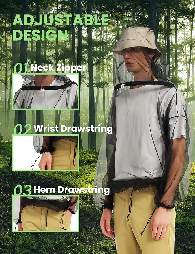 HENNCHEE Mosquito Suits for Adult, Mesh Net Bug Hooded Jacket Pant, Outdoor Full Body Protection Mosquito Proof Clothing