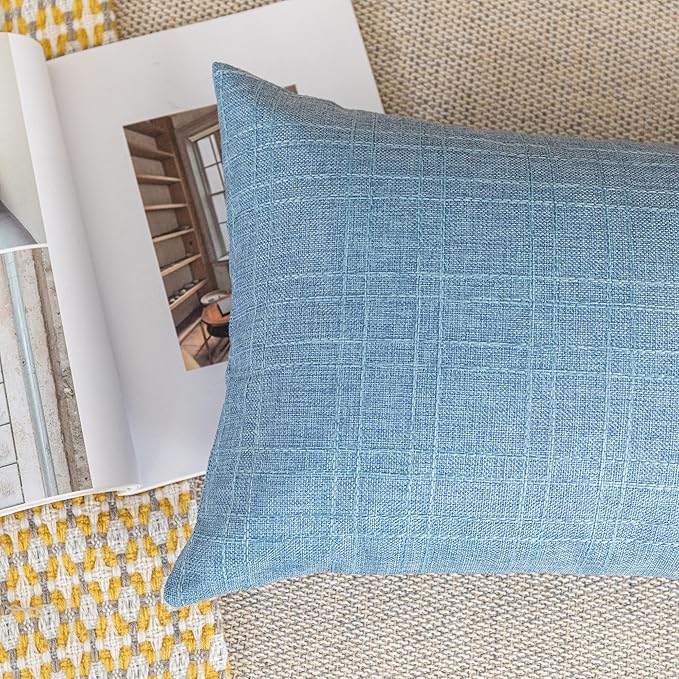 Kevin Textile Pack of 2 Outdoor Waterproof Throw Pillow Covers Decorative Square Outdoor Checkered Pillows Cushion Case Patio Pillows for Couch 12x20 inches 30x50 cm Light Blue