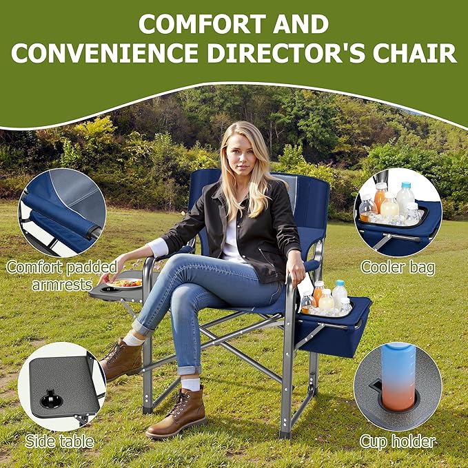 Folding Camping Chair, Heavy Duty Chairs for Adult, Directors Chair, Folding Beach Chair, Oversized Portable Camping Chair with Side Table and Cooler, 400lbs Capacity for Beach, Fishing, Trip, Picnic