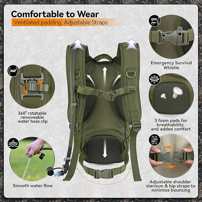 MARCHWAY Tactical Molle Hydration Pack with 2.5L TPU Water Bladder, Compact Yet Spacious Military Backpack for Hiking, Cycling, Backpacking, Hunting, Running