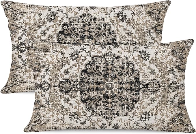 Waterproof Throw Pillow Covers 12X20 Inch Set of 2 Bohemian Vintage Carpet Pattern Black Grey Ethnic Design Decorative Farmhouse for Couch Garden Balcony (Boho-5-3)