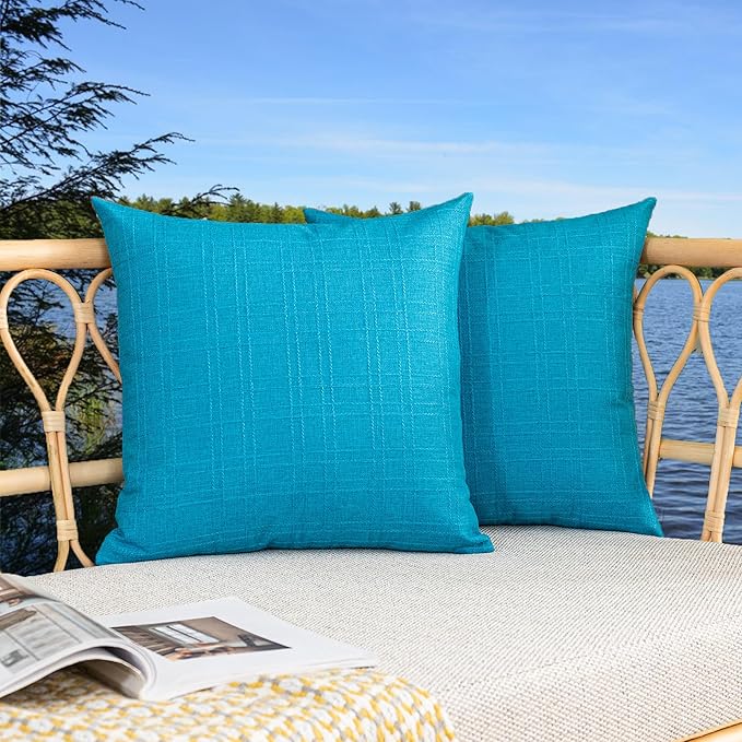 Kevin Textile Pack of 2 Outdoor Waterproof Throw Pillow Covers Decorative Farmhouse Checkered Square Solid Cushion Cases for Patio Garden Porch Sofa Peacock Blue 18x18 inch
