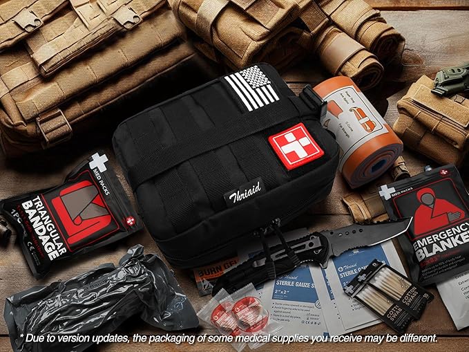Survival First Aid Kit with Israeli Bandage, Splint, Chest Seal, Tactical Military Combat Molle IFAK for Wound Care, Bleeding Control, Trauma Hemorrhage and More