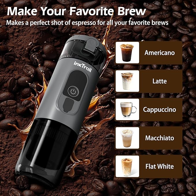 InkTrail Portable Electric Espresso Machine,Travel Coffee Maker for Camping, Self-Heating with Rechargeable Battery, Compatible with Ground Coffee & NS Original Capsule for Car, RV, Hiking, Office