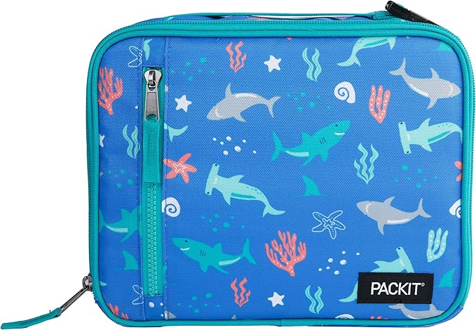 PackIt Freezable Classic Lunch Box, Sea Shark, Built with ECOFREEZE Technology, Collapsible, Reusable, Zip Closure With Zip Front Pocket and Buckle Handle, Designed for Fresh Lunch On the Go