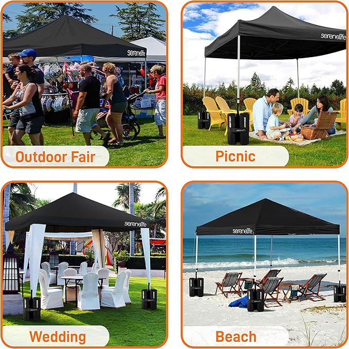 Pop Up Canopy Tent 10x10 - Commercial Instant Shelter Foldable/Collapsible Sun Shade Canopy Pop Up Tent w/Waterproof UV Resistant Tent Top, Portable Carry Bag & Sand Bag - SereneLife SLGZ10BA (Black)