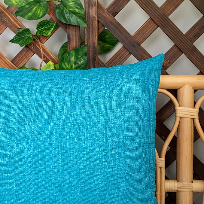 Kevin Textile Pack of 2 Outdoor Waterproof Throw Pillow Covers Decorative Farmhouse Checkered Square Solid Cushion Cases for Patio Garden Porch Sofa Peacock Blue 18x18 inch