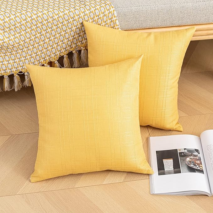 Kevin Textile Pack of 2 Decorative Outdoor Waterproof Throw Pillow Covers Checkered Pillowcases Classic Cushion Cases for Patio Couch Bench 16 x 16 Inch Yellow