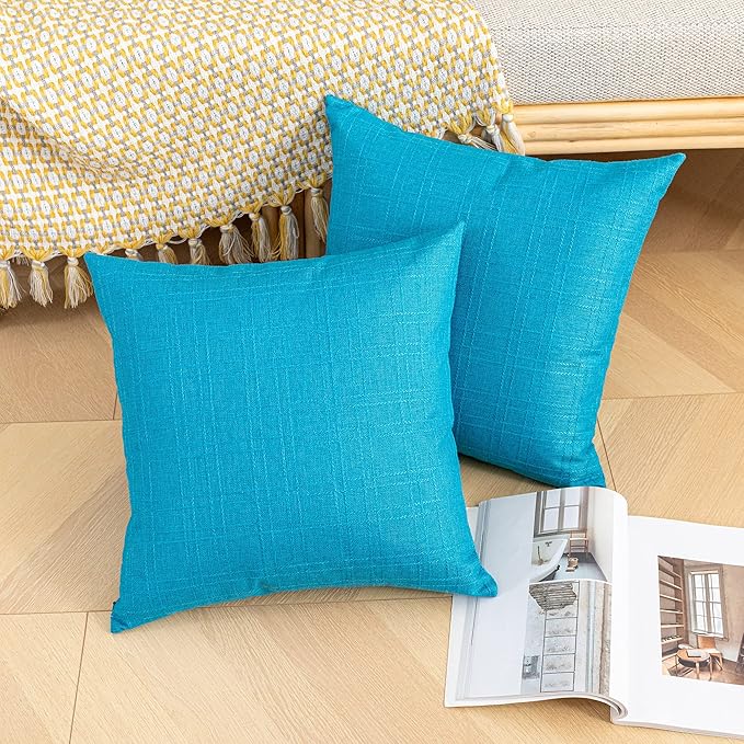 Kevin Textile Pack of 2 Outdoor Waterproof Throw Pillow Covers Decorative Farmhouse Checkered Square Solid Cushion Cases for Patio Garden Porch Sofa Peacock Blue 18x18 inch