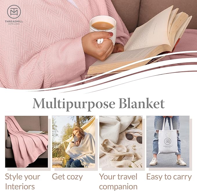 Threadmill Luxury Cotton Blankets for King Size Bed | All-Season Cozy 100% Cotton King Size Blanket | Herringbone Soft Fall Thermal Blanket fits Cal King Size Bed | English Rose