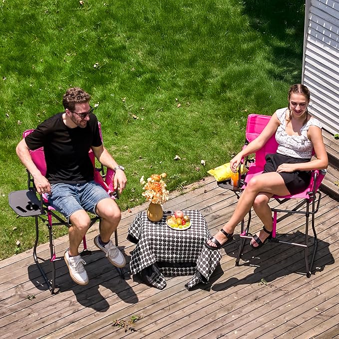 EVER ADVANCED Portable 30.7" Seat Height Tall Folding Camping Chair Directors Chair High Foldable Bar Stool with Side Table for Makeup Artist, Sports Event, Craft Show, Supports 350LBS Pink