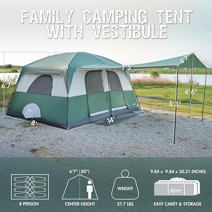 PORTAL 8 Person Tents for Camping, Easy Setup Cabin Tent with Large Porch, 2 Room, Waterproof Family Camping Tent for Outdoor Camping, Patio