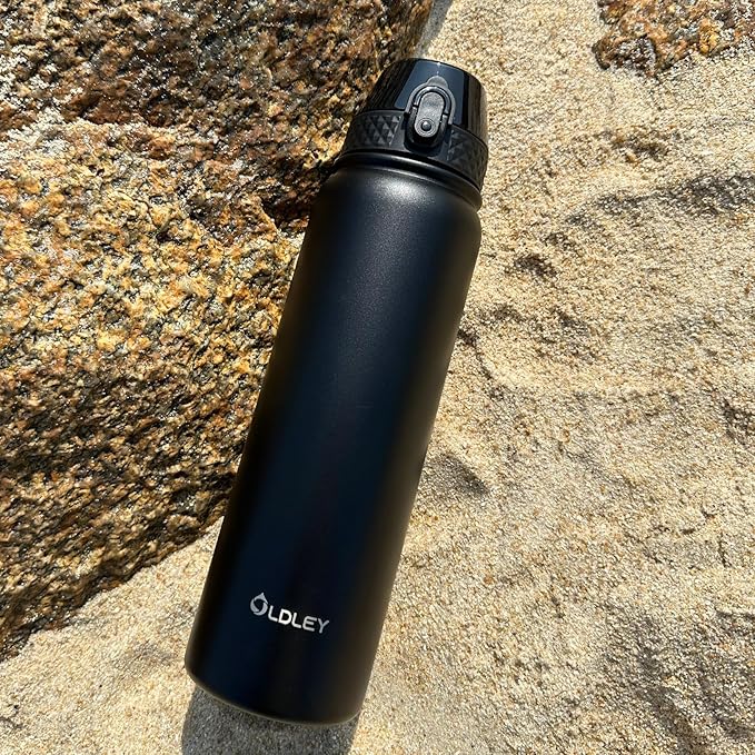 Oldley Insulated Water Bottle 32oz Water Bottles with Straw, Stainless Steel Water Bottle with 3 Lids, Double Wall Vacuum Bottles for Adult,Sports Bottles for School Travel, Black