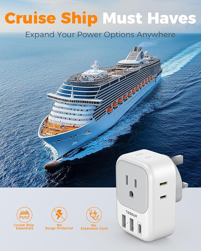 UK Adapters for Travel 2 Pack, TESSAN Type G US to UK Plug Adapter with 4 Outlets 3 USB Charger(1 USB C Port), Power Adaptor for USA to Ireland Scotland Dubai Hong Kong England British Kenya London