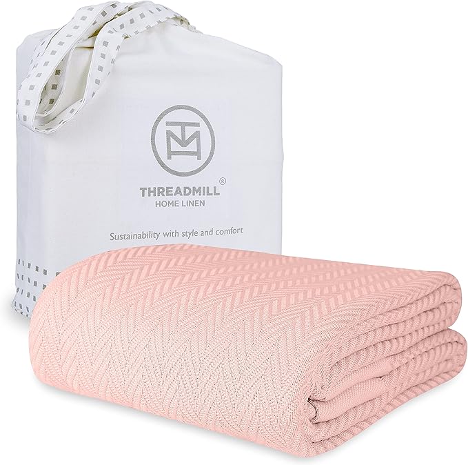 Threadmill Luxury Cotton Blankets for King Size Bed | All-Season Cozy 100% Cotton King Size Blanket | Herringbone Soft Fall Thermal Blanket fits Cal King Size Bed | English Rose