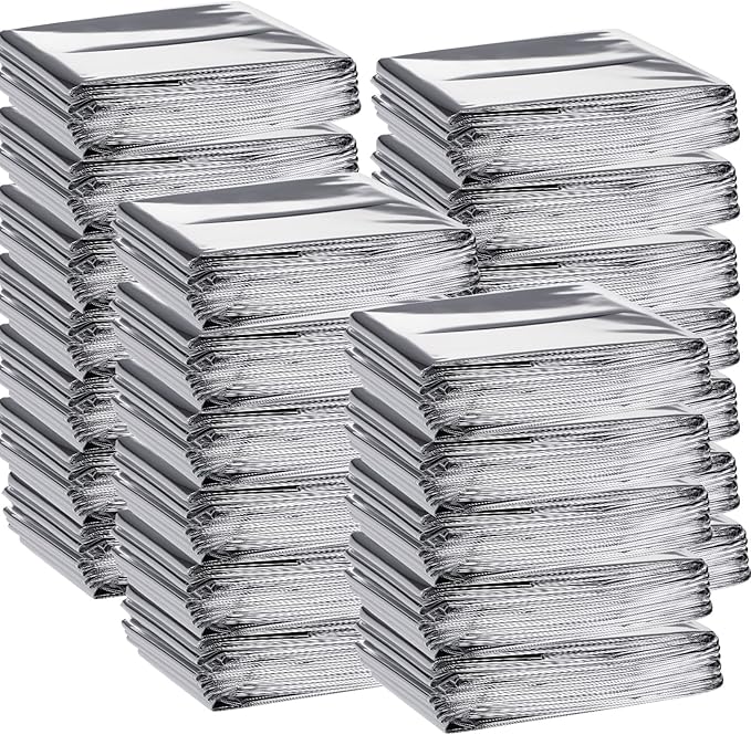 Macarrie 100 Pack Emergency Thermal Blankets Silver Foil Survival Blanket Kit for Outdoors, Camping, Hiking, Homeless, First Aid