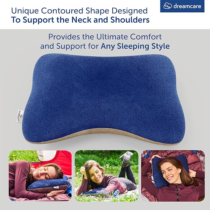 DREAMCARE Camping Pillow, Memory Foam Travel Pillow, Camping Accessories - Small Pillow Camping Essentials Camping Pillows for Sleeping, Backpacking Pillow, Travel Pillows for Sleeping (Medium,Blue)