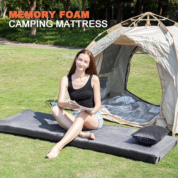 Memory Foam Camping Mattress Sleeping Pad, 3" Thick Waterproof Portable Roll Up Sleeping Mats & Floor Mattress Pad with Pillow + Travel Bag for Camping Car Truck SUV Tent Sleepover Kids Adult