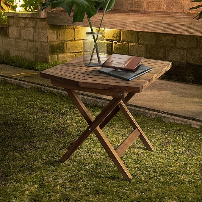 Melino Wooden Folding Outdoor Side Table, FSC Certified Acacia Weatherproof Side Tables, Wood Folding Small Table for Outdoor, Patio, Porch, Pool, Backyard, Garden, Balcony and Deck - Natural