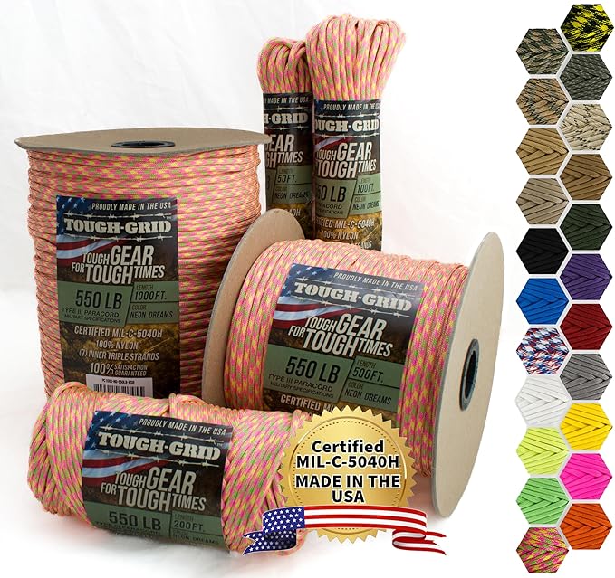 TOUGH-GRID 550 Paracord Rope Nylon Parachute Cord, Made in USA Survival Kit, Outdoor Adventures, Camping, Tactical Gear & Emergency Supplies, Military Type III Mil-Spec