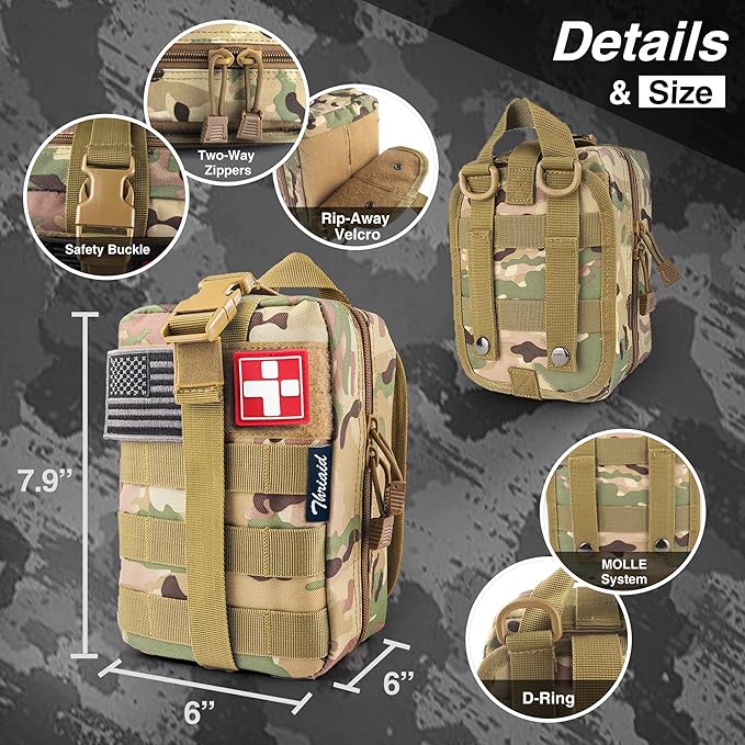 Survival First Aid Kit with Israeli Bandage, Splint, Chest Seal, Tactical Military Combat Molle IFAK for Wound Care, Bleeding Control, Trauma Hemorrhage and More