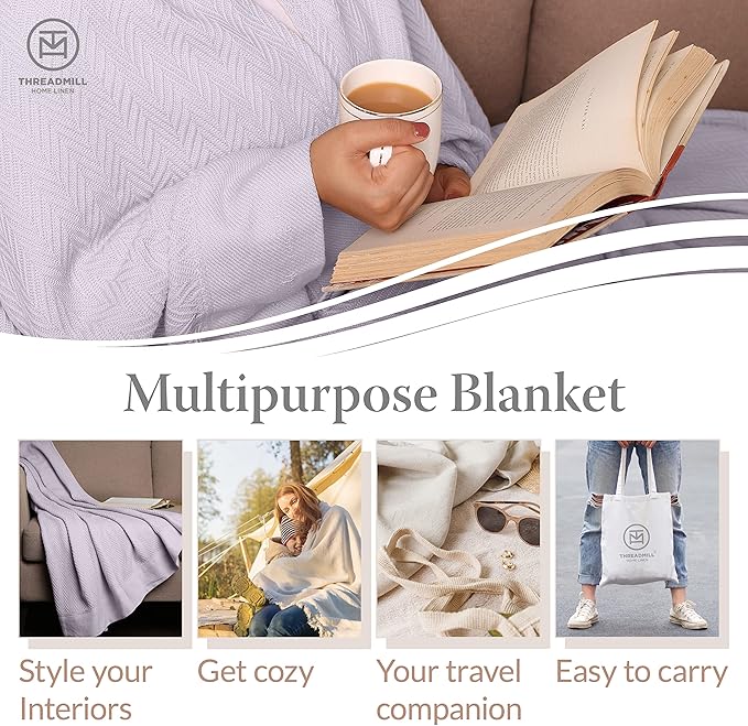 Threadmill Luxury Cotton Blankets for Twin Size Bed | All-Season 100% Cotton Twin Blanket for Bed | Herringbone Soft & Cozy Fall Thermal Blanket, 350GSM, 68x92 inches | Lilac