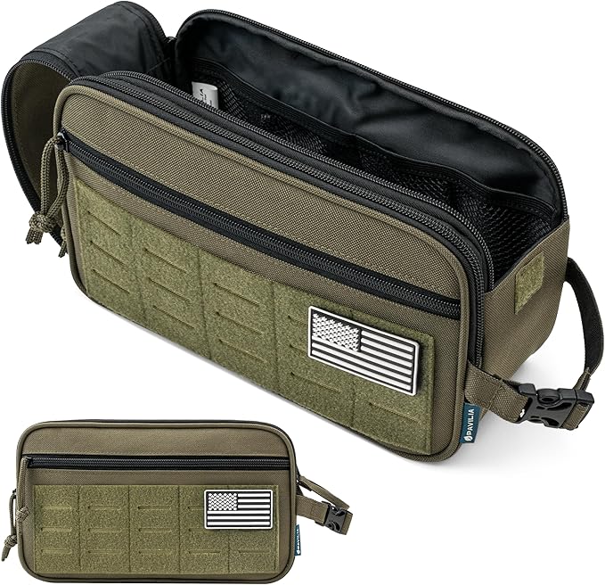 PAVILIA Extra Large Tactical Toiletry Bag for Men, Travel Hygiene Bag, Military Gear Dopp Kit, Molle Accessories Pouch, Shaving Grooming Essentials Gym Bathroom Shower Toiletries Tool EDC, Olive XL