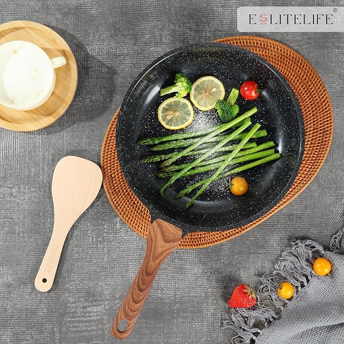 ESLITE LIFE Nonstick Ceramic Frying Pan Skillet, Non-Toxic Egg Omelette Kitchen Cooking Pans Compatible with All Stovetops (Gas, Electric & Induction), PTFE & PFOA Free (Black, 8'')