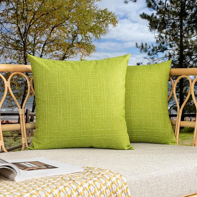 Kevin Textile Pack of 2 Outdoor Waterproof Throw Pillow Covers Spring Decorative Farmhouse Checkered Square Solid Cushion Cases for Patio Garden Porch Sofa Green 18x18 inch