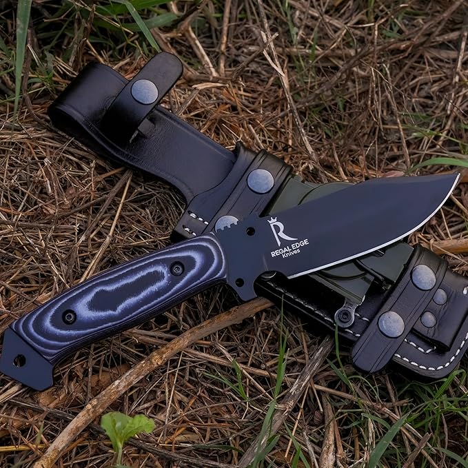 Fixed Blade Knife 10” Hunting Knife With Built-in Military Compass And Leather Sheath - G10 Handle Survival knives for Camping, Hiking, and Outdoor Use