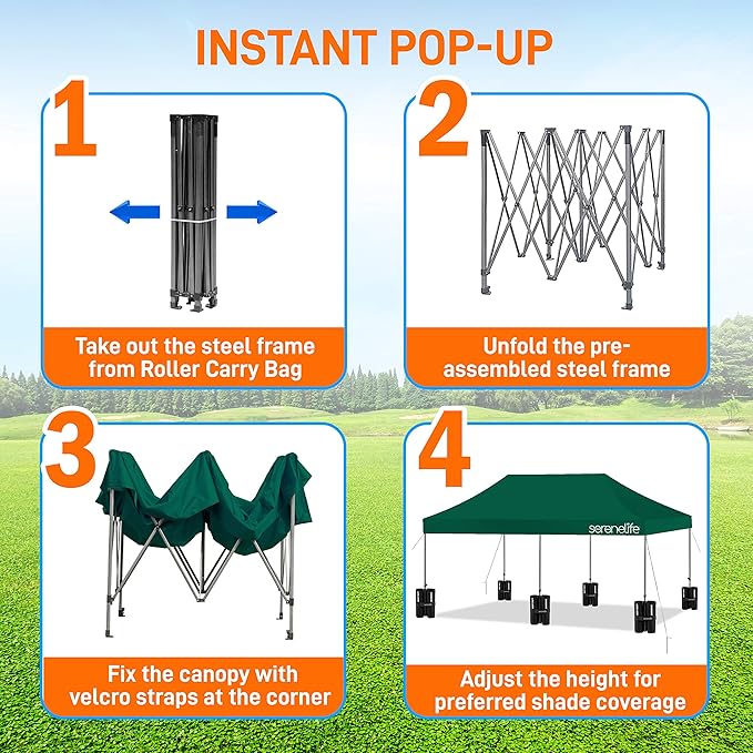 SereneLife Pop Up Canopy Tent 10x20-Commercial Instant Shelter Foldable/Collapsible Sun Shade Canopy Pop Up Tent w/Waterproof Tent Top, Portable Carry Bag & Sand Bag - SLGZ20FG (Forest Green)