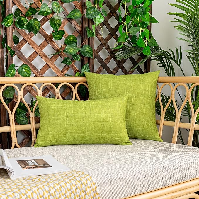 Kevin Textile Pack of 2 Outdoor Waterproof Throw Pillow Covers Spring Decorative Farmhouse Checkered Square Solid Cushion Cases for Patio Garden Porch Sofa Green 18x18 inch