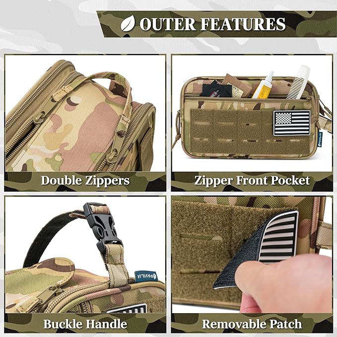 PAVILIA Tactical Toiletry Bag for Men, Travel Hygiene Bag, Military Gear Dopp Kit, Water Resist Molle Accessories Pouch, Mens Shaving Essentials, Gym Bathroom Shower Small Toiletries Tool EDC, Camo