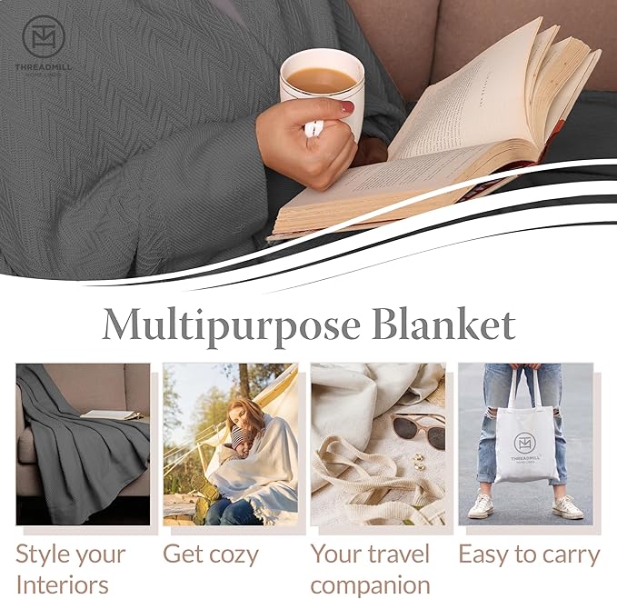 Threadmill Luxury Cotton Blankets for Twin Size Bed | All-Season 100% Cotton Twin Blanket for Bed | Herringbone Soft & Cozy Fall Thermal Blanket, 350GSM, 68x92 inches | Dark Grey