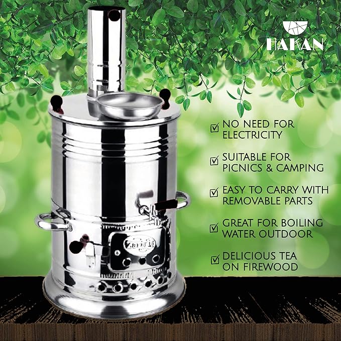 Portable Turkish Samovar Tea Kettle, Camping Water Boiler Tea Pot, Wood, Coals Fired Semaver Teapot, Water Heater for Camping, Picnic, Hunting, Outdoor Activities with Black Handles | 135.2 oz (4 lt)