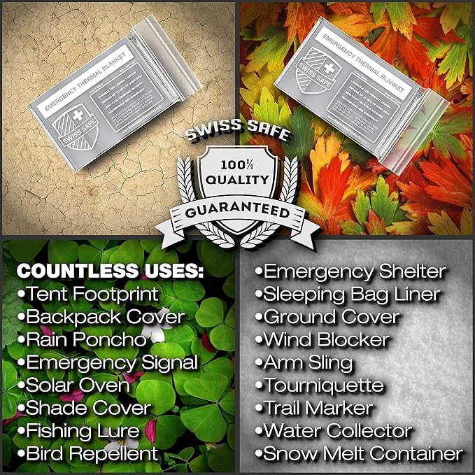 Swiss Safe 4 Pack Mylar Emergency Blankets for Survival - Compact & Insulated for Cold Weather - Designed for NASA, Outdoor, Running, Camping, Survival, First Aid Car Kit - Silver, 4 Pack