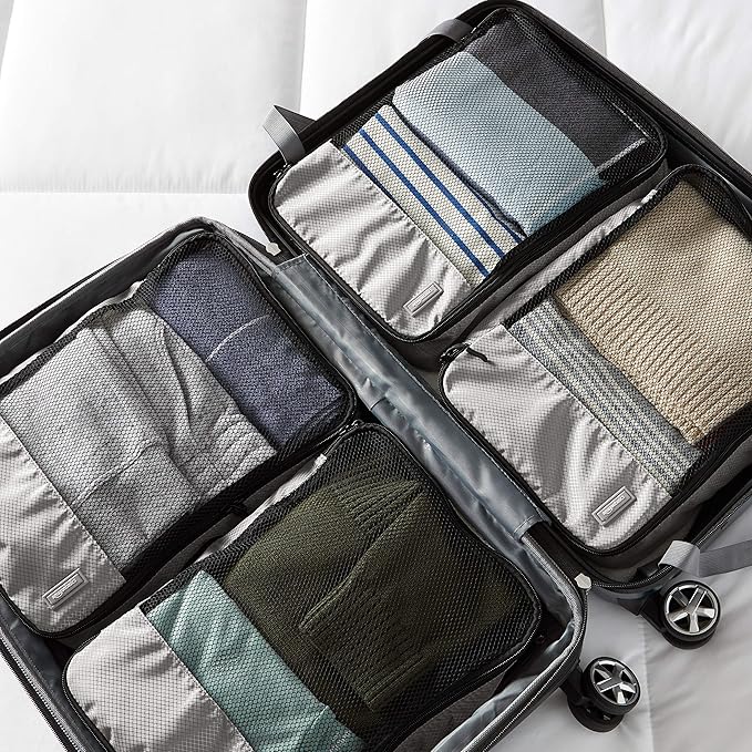 Amazon Essentials 4-Piece Packing Cubes Travel Accessories Set, Luggage Organizer with Double Zipper, Mesh Top, 100% Polyester, Medium, Gray (Previously Amazon Basics)