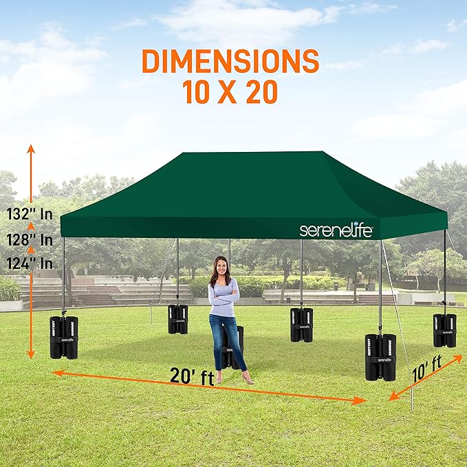 SereneLife Pop Up Canopy Tent 10x20-Commercial Instant Shelter Foldable/Collapsible Sun Shade Canopy Pop Up Tent w/Waterproof Tent Top, Portable Carry Bag & Sand Bag - SLGZ20FG (Forest Green)