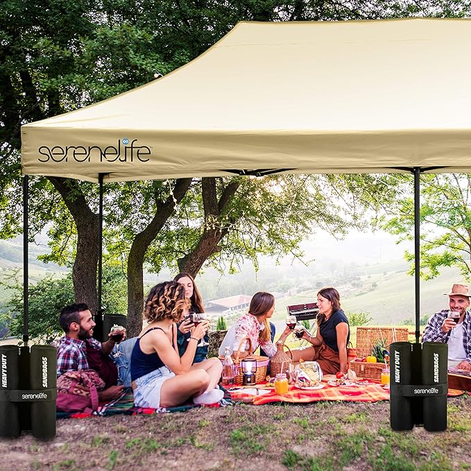 SereneLife Pop Up Canopy Tent 10x20 - Commercial Instant Shelter Foldable/Collapsible Sun Shade Canopy Pop Up Tent w/Waterproof Tent Top, Portable Carry Bag & Sand Bag - SereneLife SLGZ20K (Khaki)