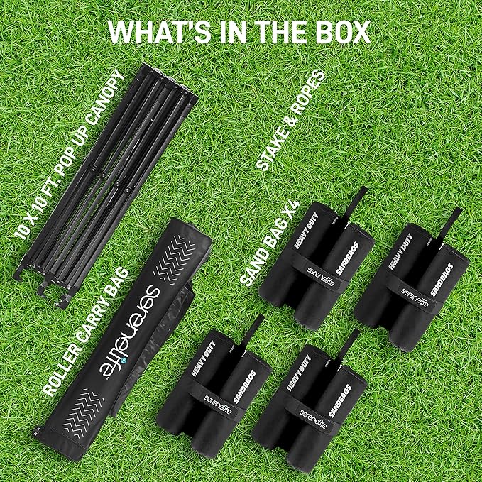Pop Up Canopy Tent 10x10 - Commercial Instant Shelter Foldable/Collapsible Sun Shade Canopy Pop Up Tent w/Waterproof UV Resistant Tent Top, Portable Carry Bag & Sand Bag - SereneLife SLGZ10BA (Black)